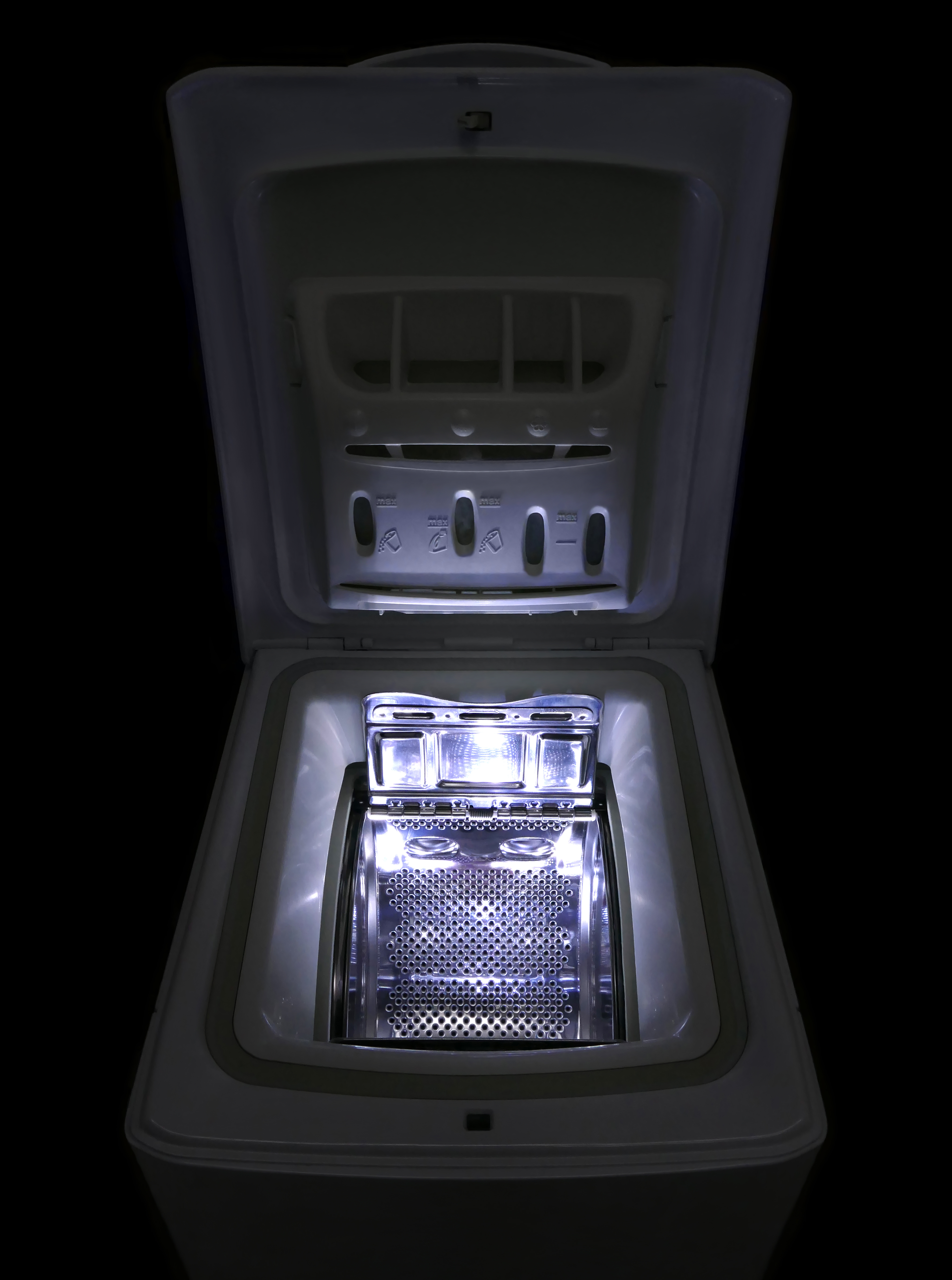 Refurbished top load washing machine opened from the top, showing the drum and inner glass hatch.