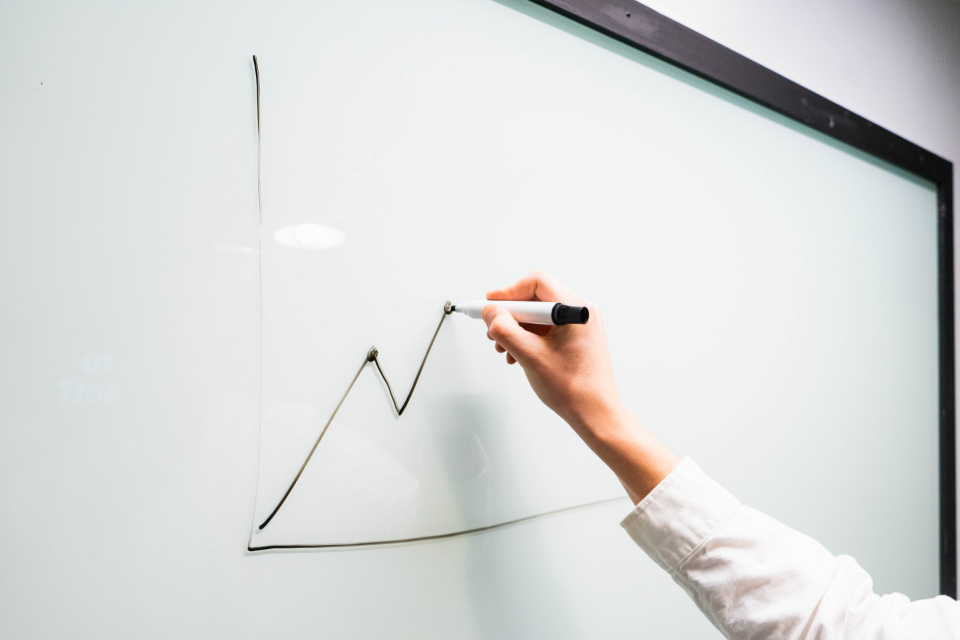 Réunion d'équipe autour d'un tableau avec graphiques de croissance et stratégie de développement